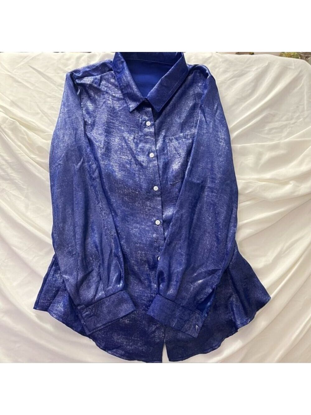 SHEIN Metallic Shimmer Button Down Blouse Blue L
